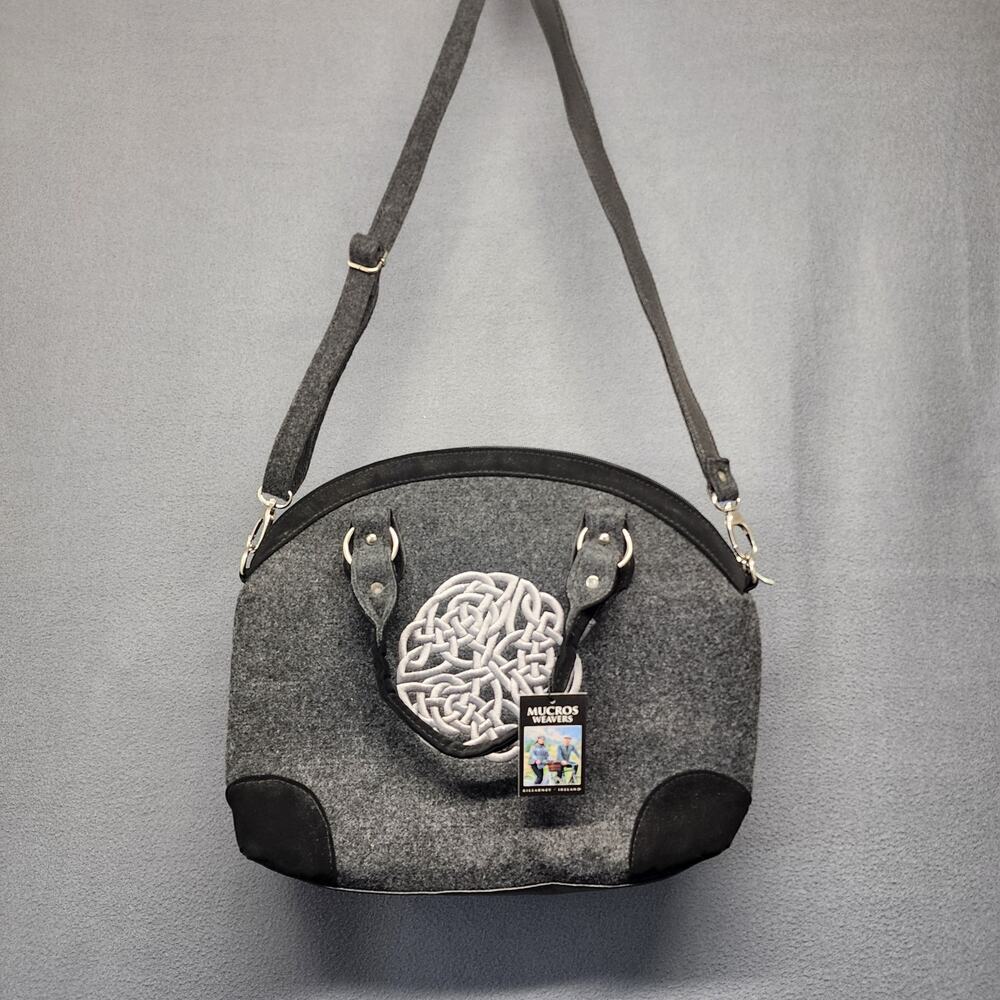 Mucros Weavers Celtic Tote Bag Gray Wool Tweed Leather Trim Ireland Handbag
